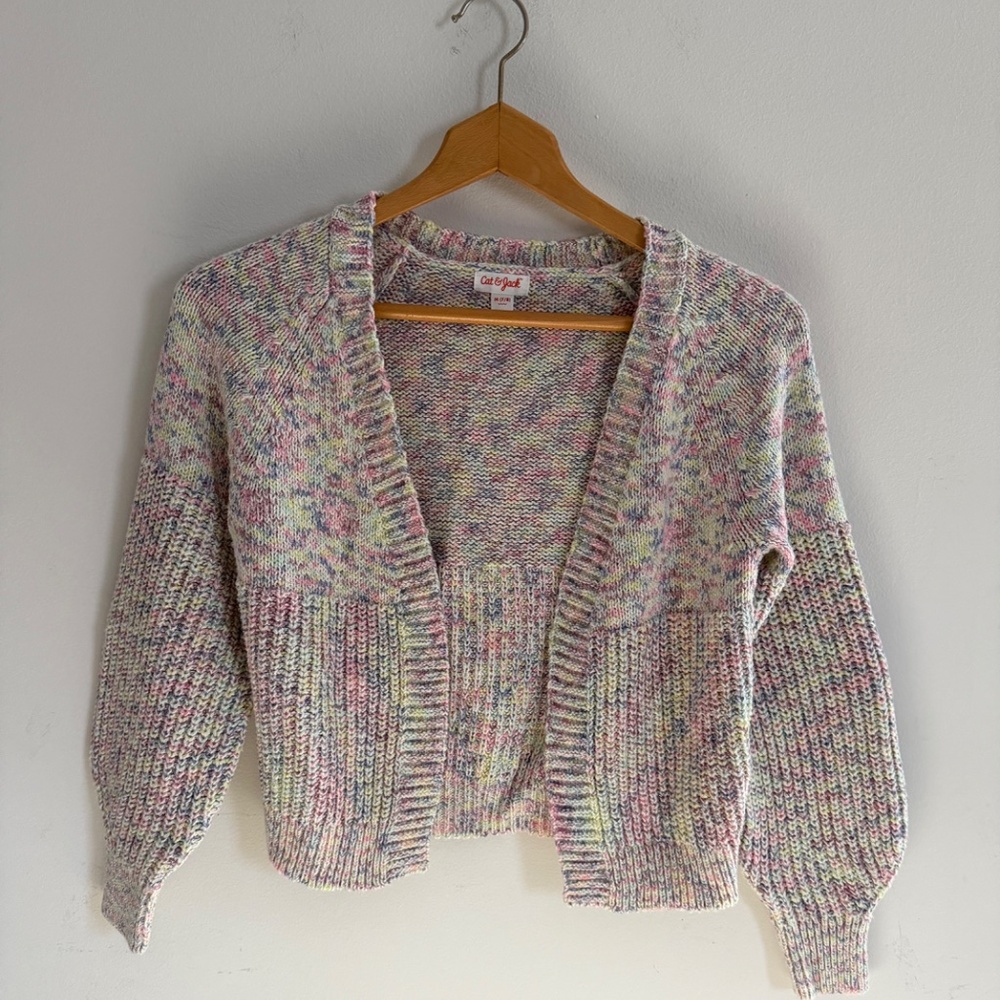 Cat & Jack Confetti Metallic Cropped Cardigan Girls M 7/8 Pastel Open Front Knit